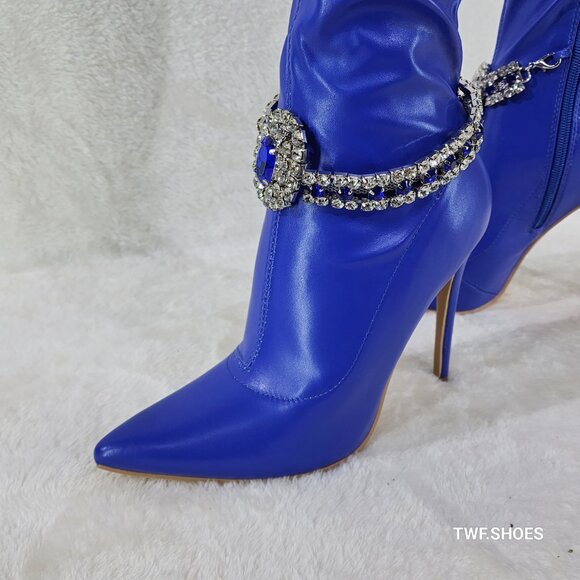 Lawless Bold Blue Stretch Leatherette Rhinestone Ankle Bracelet Thigh High Boots - Picture 11 of 17